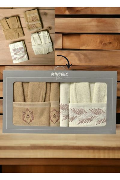 Bayev Σετ μπουρνούζι Minteks Silver Cream-Beige 6 τεμαχίων - Οικογενειακό Σετ μπουρνούζι με πετσέτες μπάνιου