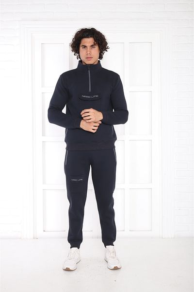 NEED LİFE Men's Navy Blue Half Zippered Cargo Pocket Regular- Comfortable Fit Bottom Top Tracksuit Set