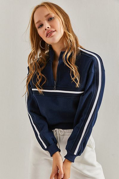 Bianco Lucci Women's Turtleneck Zippered Striped Sweatshirt