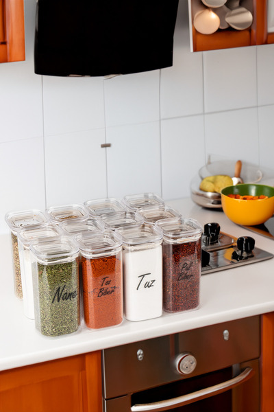 TARÇIN HOMES 12'li 300 Ml Vakumlu Şeffaf Etiketli Mika Baharatlık Seti Saklam...