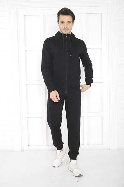 NEED LİFE Men's Black Zippered Hooded Regular- Comfortable Fit Bottom Top Tracksuit Set