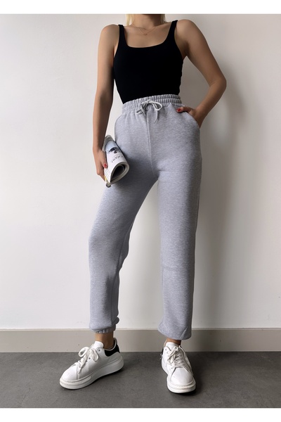 schlank Γυναικείο γκρι χειμερινό χοντρό εσωτερικό φλις ψηλόμεσο με ελαστικό πόδι Basic Jogger Sweatpants