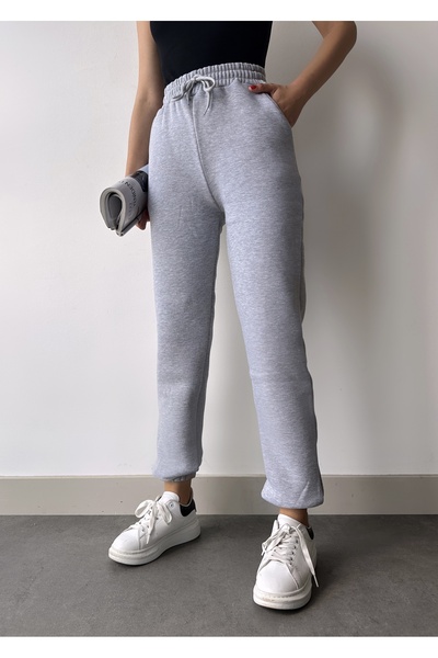 schlank Γυναικείο γκρι χειμερινό χοντρό εσωτερικό φλις ψηλόμεσο με ελαστικό πόδι Basic Jogger Sweatpants