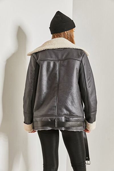 Bianco Lucci Dámský kožený kabát s dvojitým límcem a chlupatou kapsou