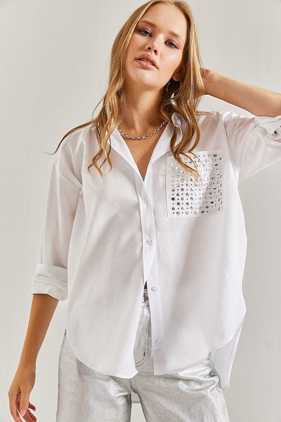 Bianco Lucci Women's Single Pocket Stone Embroidered Shirt