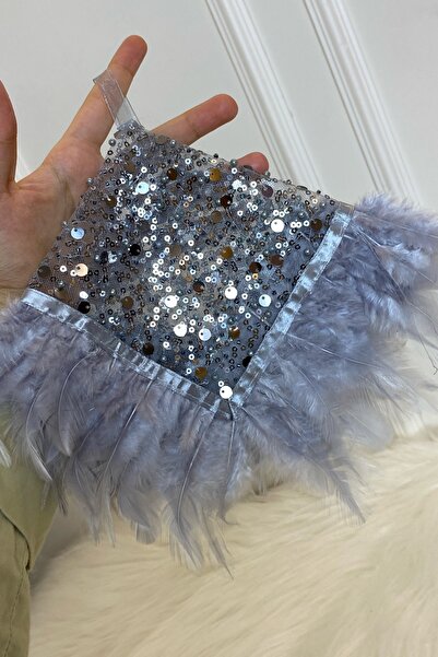 ZEYMERADE منديل زفاف Vip رمادي أصلي، منديل هالاي، ترتر لؤلؤي مطرز وتفاصيل ريشة