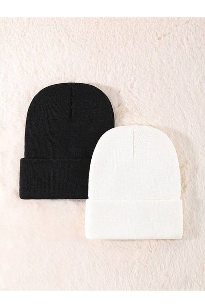 QUATEX Black and White Double Unisex Folded Knitwear Plain Beret