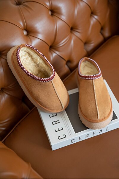 İncim ® |   Παντόφλες Sabo με επίπεδη σόλα Deyra Taba Suede με επένδυση από γούνα