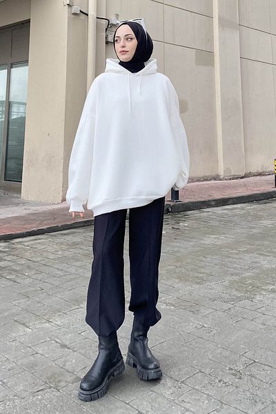 lamelif Λευκό Oversize Hooded Sweat - Πλαϊνή τσέπη