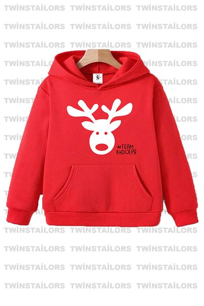 twins tailors Deer Printed Unisex Hooded Red Kids Sweatshirt Hoodie