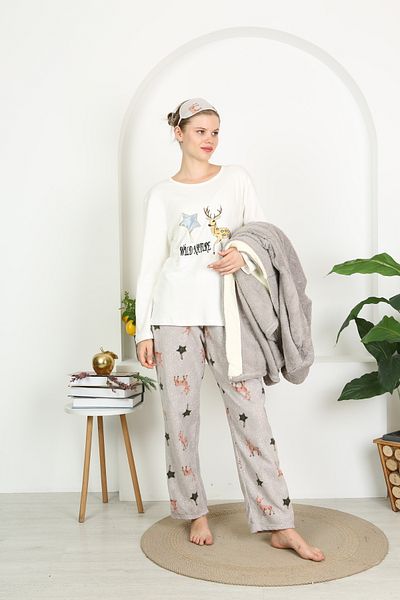 Tamay Boxer Winter 3-Piece Set with Dressing Gown (Hooded Well Soft Dressing Gown Fleece Bottom Pajamas Combed Cotton Embroidered Blouse)