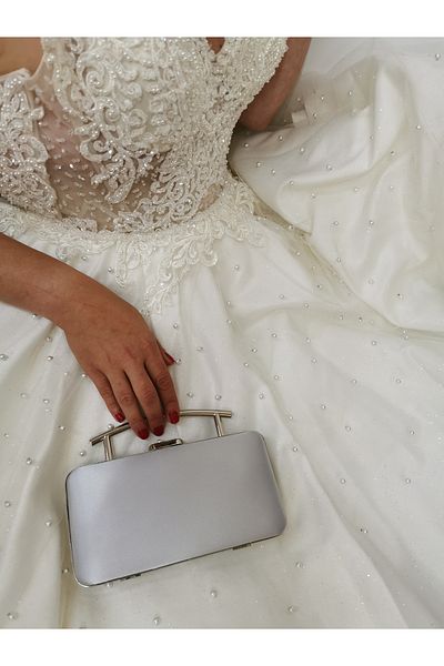 NAZART Rochie de seara de dama din satin argintiu clutch portofoliu mana nunta logodna geanta de seara