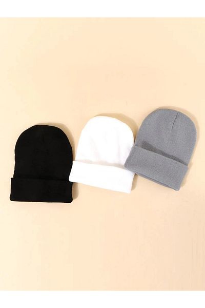 QUATEX Black White Gray Triple Set Unisex Folded Knitwear Plain Beret