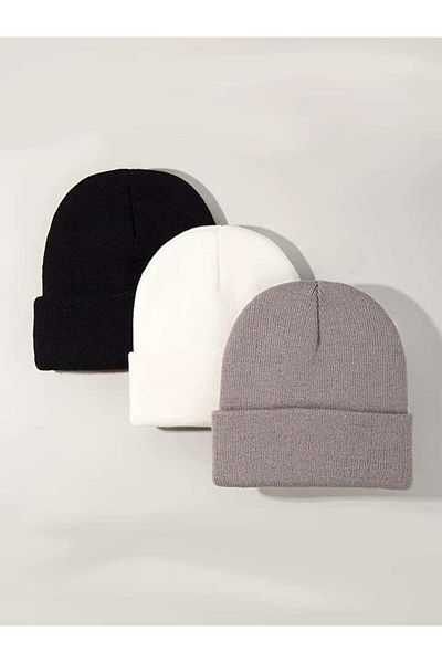 QUATEX Black White Gray Triple Set Unisex Folded Knitwear Plain Beret