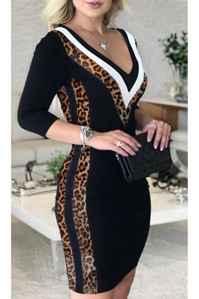 rengafashion Rochie de damă din viscoză cu două fire, cu decolteu în V, ornată cu leopard