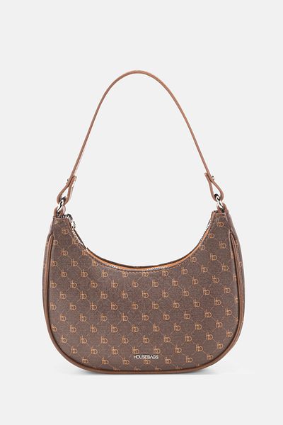 Housebags Geantă de umăr ovală maro cu model cu logo pentru femei 240
