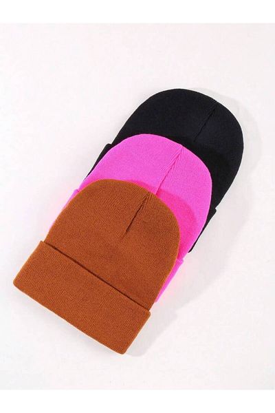 QUATEX Black Pink Brown Triple Set Unisex Folded Knitwear Plain Beret