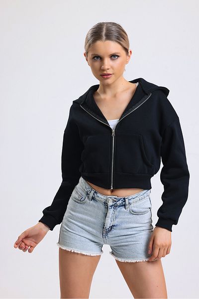 ladyzey hanorac negru cu glugă și fermoar pentru femei