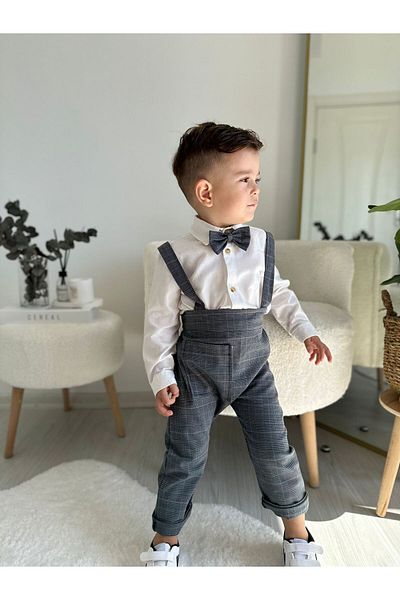 favorimkids Anthracite Striped Cotton Harem Salopet Classic Long Sleeve Shirt with Bow Tie