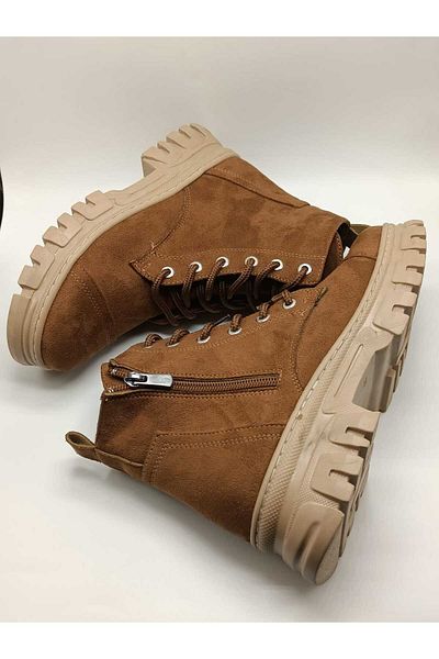 only my store Γυναικείες μπότες μαύρισμα, καφέ nubuck με φερμουάρ και ραμμένη σόλα με κορδόνια