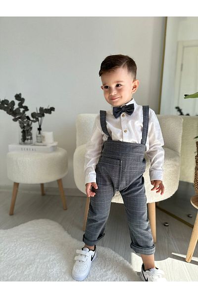 favorimkids Anthracite Striped Cotton Harem Salopet Classic Long Sleeve Shirt with Bow Tie