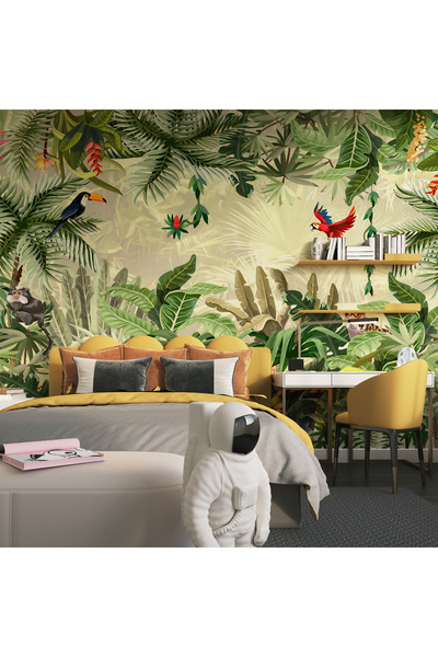 Plustablo Orman Temalı Yeşil Yapraklar ve Papağan Bebek Çocuk Odası Poster Du...