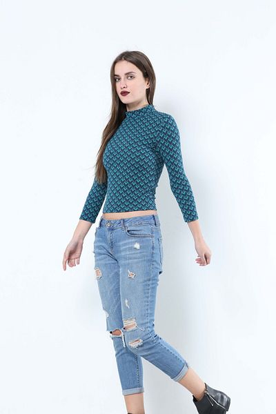 AVORWE Bluză crop cu mânecă lungă cu imprimeu geometric Half Fisherman