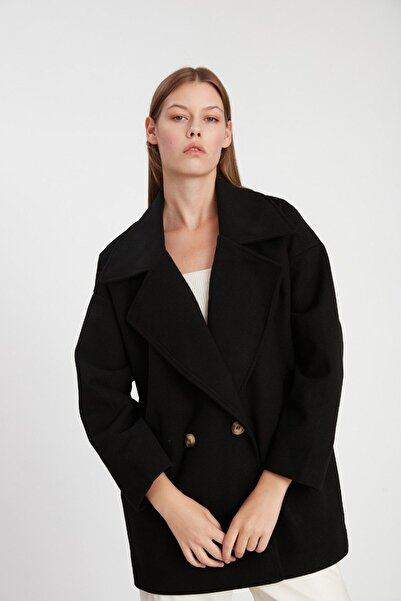 dükkan10butika Palton oversize din cașmir, negru, cu buzunare