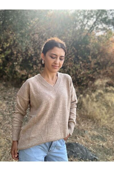 soBasic V-Neck Loose Cut Basic Long Sleeve Knitwear Sweater-Beige