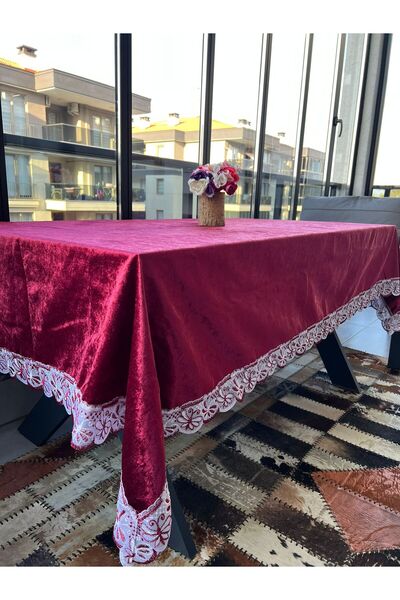 bursa çeyiz Claret Red Special Laced Velvet Tablecloth 160x220