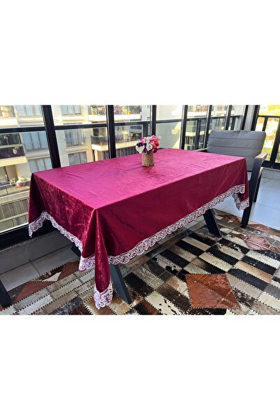 bursa çeyiz Claret Red Special Laced Velvet Tablecloth 160x220