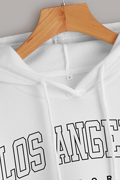 Unique Unisex Beyaz Los Angeles Baskılı Kapüşonlu Oversize Sweatshirt