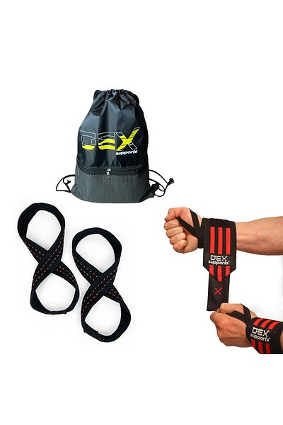 Dex Supports Lasting Energy Fitness Wrist Bracelet Wrist Wraps + 8 Loop Lifting Straps + Sackpack Sports Bag 3-Piece PRO SET