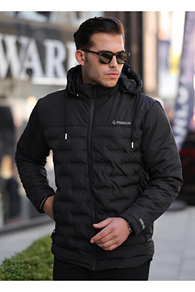 highlevel Hasır Detay Şişme Kapüşonlu Erkek Mont Siyah