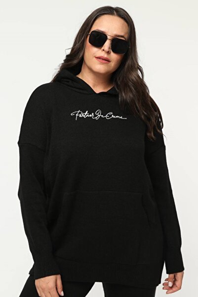 lovebox Kapucnis és hímzéses részletes kötöttáru felső és vékony nadrág szett nagyméretű fekete kötöttáru öltöny 2216