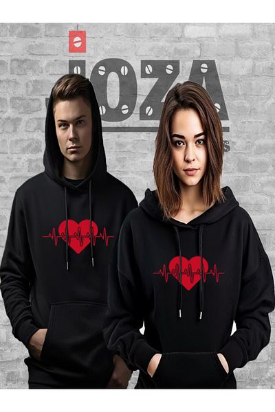 Joza Outdoors Women Men Unisex Heart Rhythm Printed Lover Couple Combination Design Hooded Sweatshirt 2 Piece Set