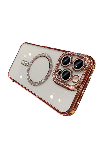 UnDePlus Apple iPhone 15 Pro Kılıf Simli Magsafe Kamera Kenar Taşlı Kapak