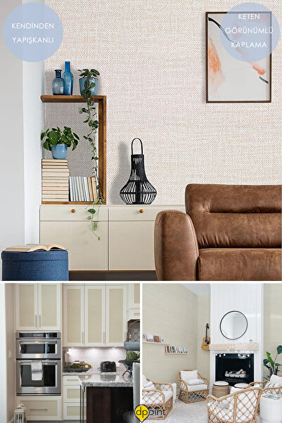 Trendpoint Kendinden Yapışkanlı 60cm×100cm Keten Görünümlü AçıkBej Duvar Kağıdı Mutfak Dolap Kaplama