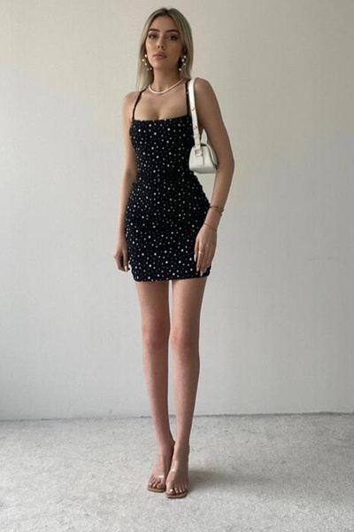 lovebox Czarna mini sukienka z krepy w gwiazdki, bez pleców 172