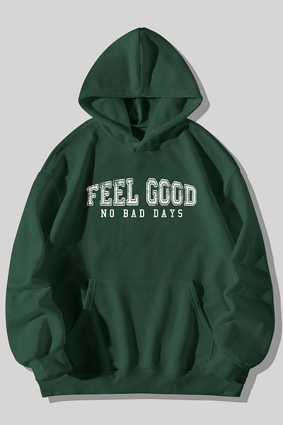 Harmandar Feel Good No Bad Days Printed Unisex Green Kangaroo Φούτερ με κουκούλα με κουκούλα