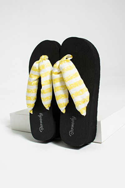 Bermody Bella Platform Sarı Şifon Puf Kumaş Parmak Arası Acıtmaz Plaj Terliği