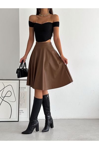 Ozy Fashion Висока талия в кафяв цвят, повдигната отвътре, еластична талия, кожена разкроена пола