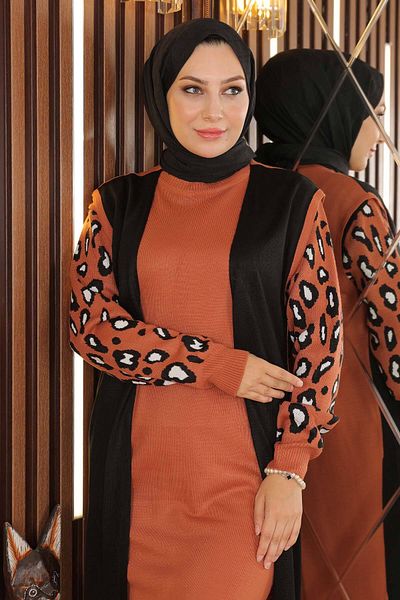 Modamihram Women's Tan Sleeves Patterned Knitwear Dress