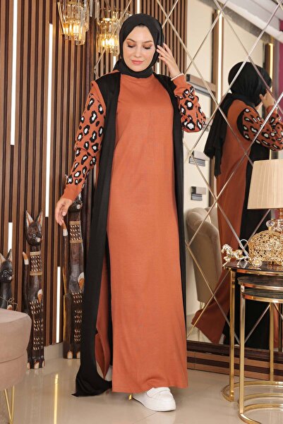 Modamihram Γυναικείο πλεκτό φόρεμα με μοτίβο μαύρισμα μανίκια