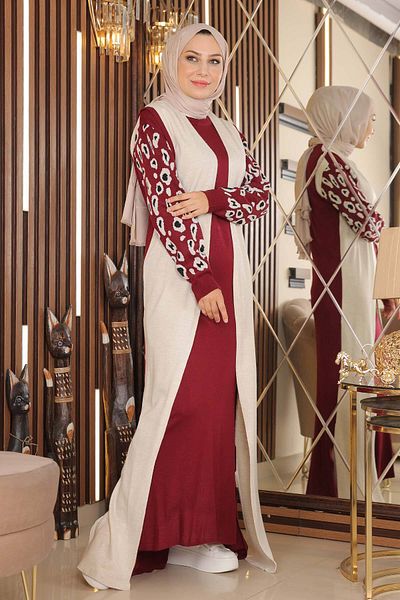 Modamihram Rochie din tricot cu modele, cu mâneci bordeaux
