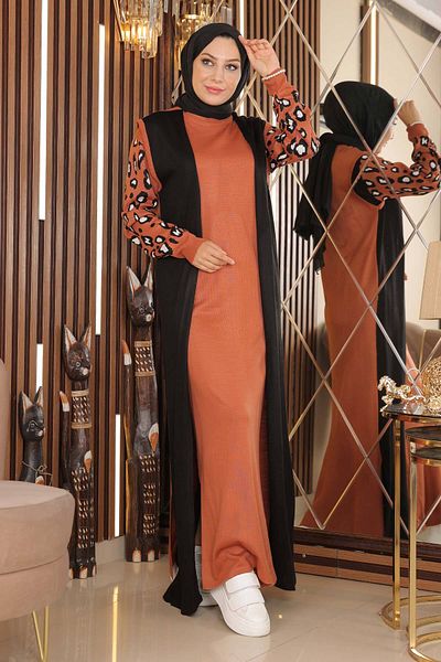Modamihram Women's Tan Sleeves Patterned Knitwear Dress