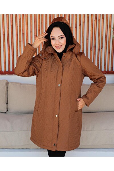 KMKkombin ÖZALTAY Mother Woman Plus Size Slim Argyle Patterned Zippered Snap Fastener Quilted Coat with Fleece Inside