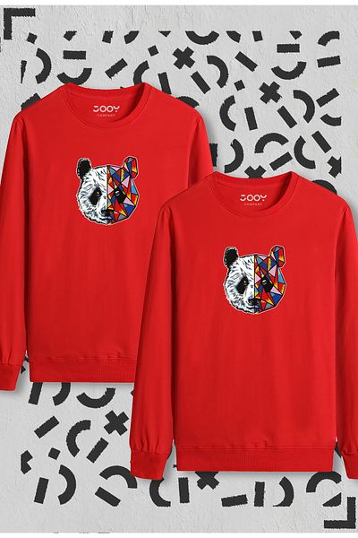 Jooy Company Panda Printed Red Crew Neck Sweatshirt Set of 2
