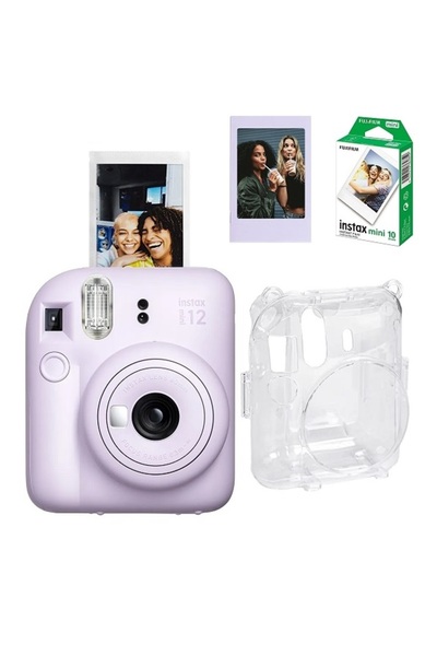 Fujifilm Instax Mini 12 Fotoğraf Makinesi-10'lu Film-Şeffaf Pleksi Kılıf ve Fotoğraf Çerçevesi Seti 2 Mor