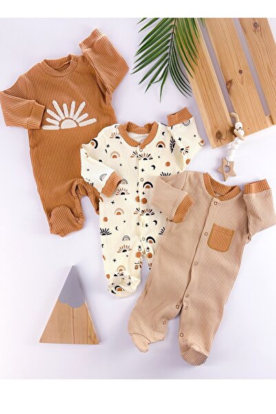 dubi baby Unisex Light Tan Izmir Hurgada Patterned Girl Baby 3-Piece Jumpsuit